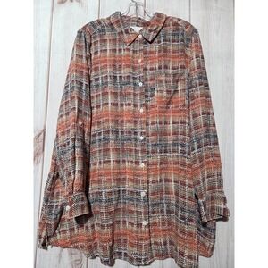 Intro Woman 2X Plaid Long Sleeve Button Up Shirt Tunic Orange Tan Blue